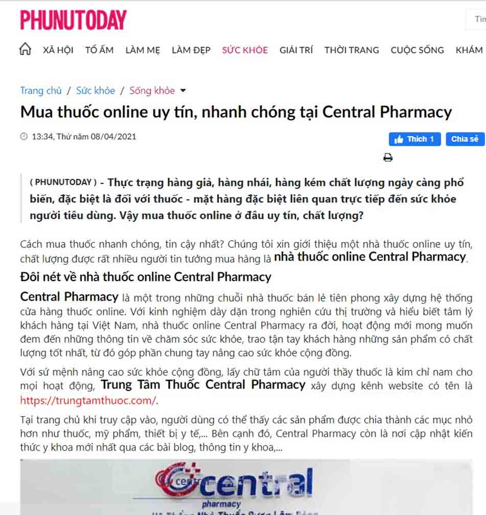 Báo PHUNUTODAY đưa tin về nhà thuốc trực tuyến Central Pharmacy