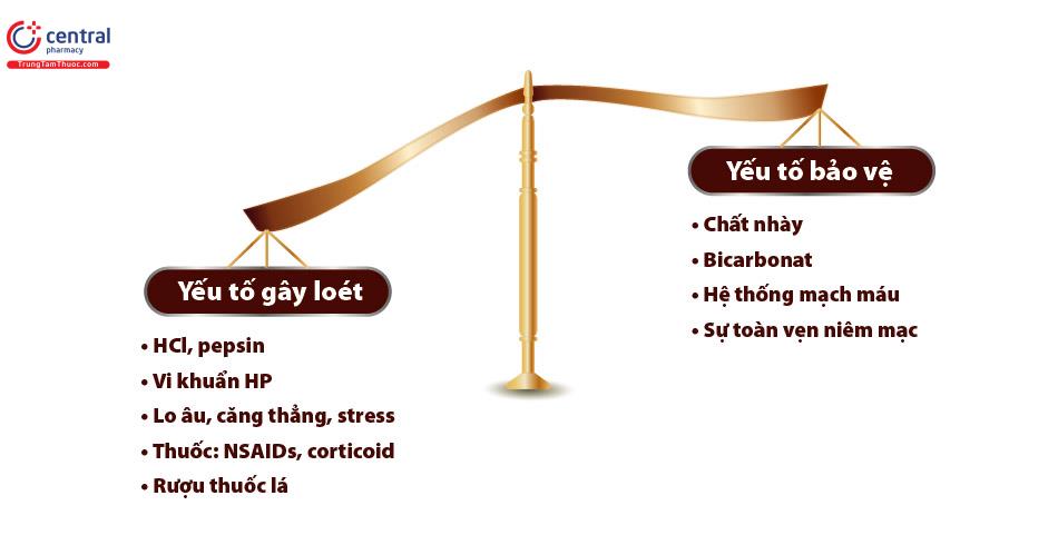 Mất cân bằng giữa yếu tố tấn công và yếu tố bảo vệ dạ dày