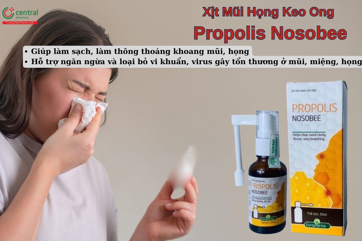 Xịt Mũi Họng Keo Ong Propolis Nosobee giúp hỗ trợ làm sạch khoang mũi họng, hỗ trợ giảm ho,..